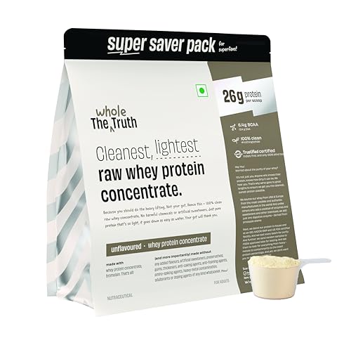 Image of The Whole Truth Whey Protein Concentrate Unflavoured | 4 kg (8.8 lbs) | 26g Protein per scoop | 6.4g BCAA | No Adulteration | Clean and Light | Muscle Building | Vegetarian