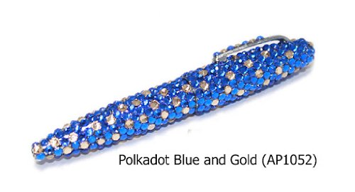 Polkadot Blue and Gold Crystal Rhinestone Roller Ball Pen