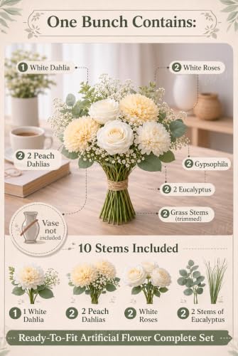 Image of Divyakosh Artificial Flowers for Home Decoration- Flora for Decor| Artificial Flowers for Vase (VASE NOT Included) Home Decor Items, Artificial Peach Dahlia & Rose Flowers Bunch for Vase
