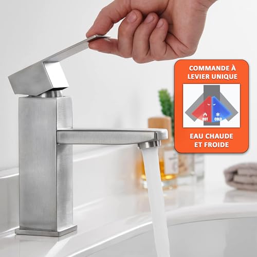 Mitigeur lavabo acier inoxydable au design épuré pour eau chaude et froide - 4