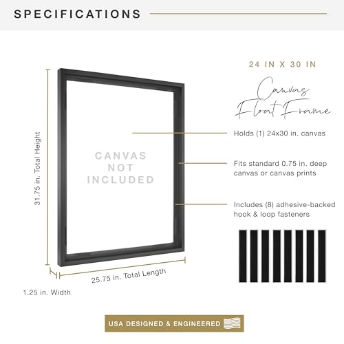 Image of MCS Canvas Float Frames 24x30 Frame, Black Frame for Finished Canvases, Vertical & Horizontal Wall Hanging Large Frame with Adhesive for Canvas Paintings (1-Pack)