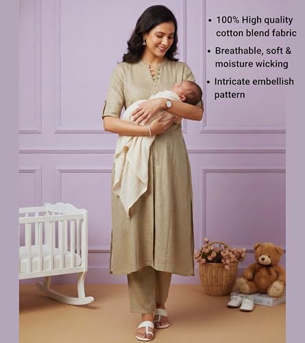 Image of DUMMY SHAPE Feeding Dresses for Women Full Set | Cotton Blend Maternity Kurta Pant Suit with Dual Nursing Zippers, Side Pocket to Pre & Post Pregnancy | Mom to Be Gifts