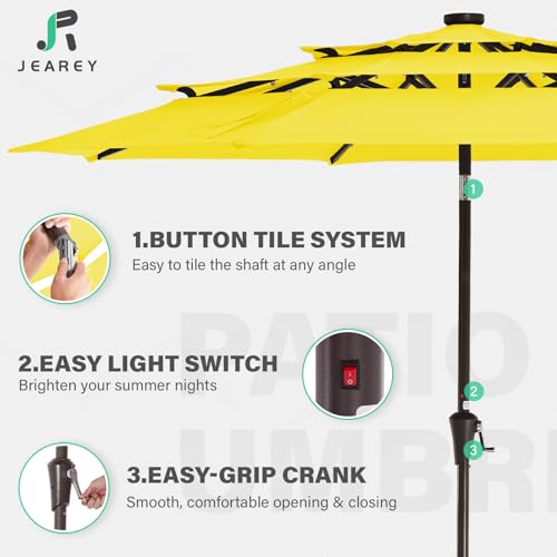 Image of JEAREY 3 Tiers Patio Umbrella with Solar Lights 9ft Outdoor Market Table Umbrellas with Push Button Tilt for Outside Pool Garden, Yellow