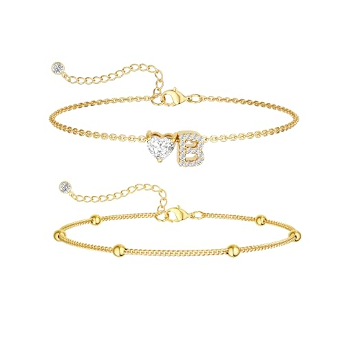 Image of Gold Initial Ankle Bracelets for Women, 14K Gold Plated Dainty Love Heart CZ Trendy Layered Letter A-Z Waterproof Anklets Fashion Jewelry Gift for Women