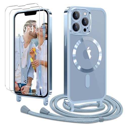 Ethanger Handyband für iPhone 13 Pro Hülle mit Band + 2 Stück Glas Schutzfolie Transparent Silikon Handyhülle Magnetische Schutzhülle für iPhone 13 Pro Blau