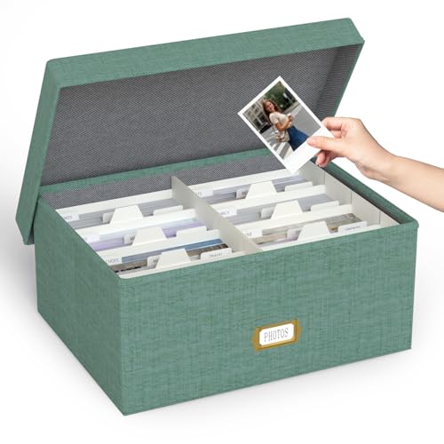 Decorative Photo Storage Box - Linen Photo Box Organizer with Dividers Fits Holds Up to 1700 Pictures and 5x7 Photos Memory Keepsake Organizer for Photos Scrapbook Supplies Cards Stamps (Green)
