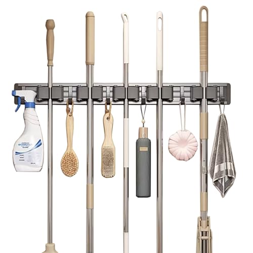 Broom Holder Wall Mount Movable Hooks and Clips Mop and Broom Hanger Wall Mounted Aluminum Garage Tool Organizer Storage Adhesive (Gray: 5 clips with 6 hooks)