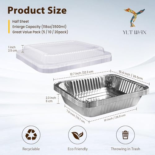 Image of YLT WAX 9x13 Aluminum Pans with Lids, 20 Pack Disposable Foil Pan with Clear Lid, Half Size Deep Extra Heavy Duty Food Containers for Baking, Cooking, Roasting, Heating or Steam Table
