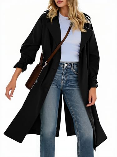 Image of Tankaneo Womens Long Trench Coat Double Breasted Notch Lapel Lightweight Oversized Windproof Fall Overcoat with Belt