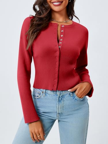 Image of Saodimallsu Womens Cropped Sweaters Cardigan | Button Down,Long Sleeve,V Neck,Ribbed Knit,Slim Fit ,Pullover Crop Tops