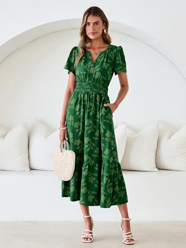 Image of Simplee Womens Summer Boho Maxi Dress Semi Formal Wedding Guest Short Sleeve V Neck Empire Waist Floral Long Dresses