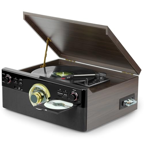 All-in-One Vintage Record Player with CD and Cassette, Bluetooth Turntable, FM Radio, USB MP3 Recording, 3-Speed Vinyl Music Center for Home Entertainment