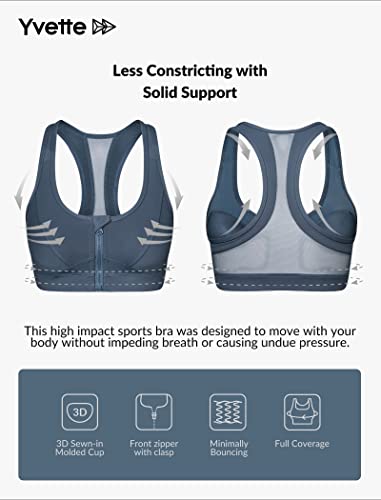 Yvette Zip Front Sports Bra - High Impact Sports Bras For Women Plus Size Workout Fitness Running,Haze Blue #TOP6