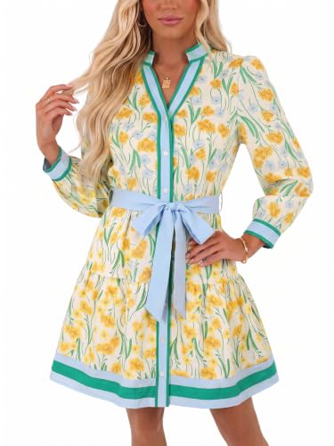 Wenrine Womens Floral Mini Dress V Neck Button Down Tie Waist Dresses