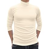 Turtleneck Men Casual Long Sleeve Turtle Neck Tops Men's Slim Fit Basic T-Shirt Cream