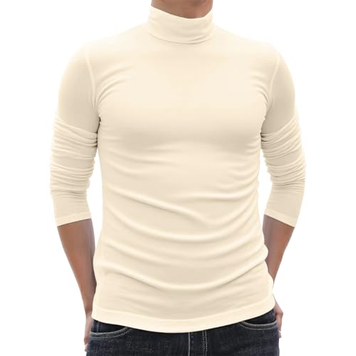 Turtleneck Men Casual Long Sleeve Turtle Neck Tops Men's Slim Fit Basic T-Shirt Cream