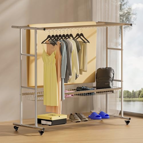 Portant à vêtements avec rangement chaussures et double barre dressing