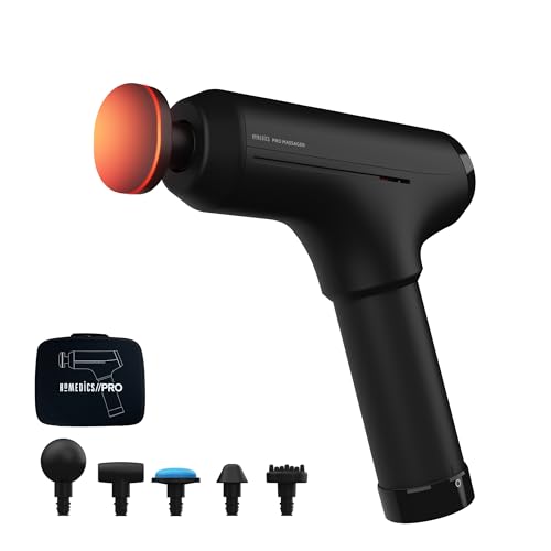 Homedics Pro Power Handheld Physiotherapy Massager Gun - Professional Deep Tissue Physio Massaging Gun, Heated Head to Aid Relief of Muscle Tension, 6 Massage Heads, Cordless, Rechargeable - Black
