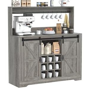 Coffee Bar Cabinet, Sliding Barn Door & Adjustable Shelves, 47″ Farmhouse Coffee Bar Wine Bar Cabinet with Wine Rack & 6 Hooks, Bar Cabinet for Home Dining Living Room, Grey