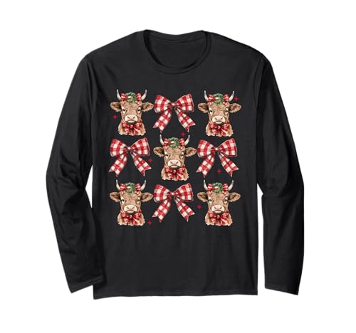 Cute Highland Cow Lover Xmas Coquette Bow Western Christmas Long Sleeve T-Shirt