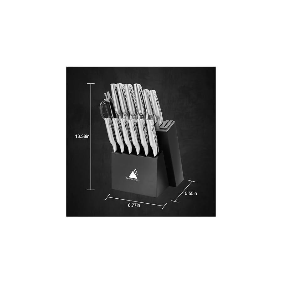 Charmline Knife Set, 15 Pieces Knives Set for Kitchen with Holder, Dishwasher Safe Kitchen Knife Set with Built in Sharpener Block, Stainless Steel Knife Block Set, Black