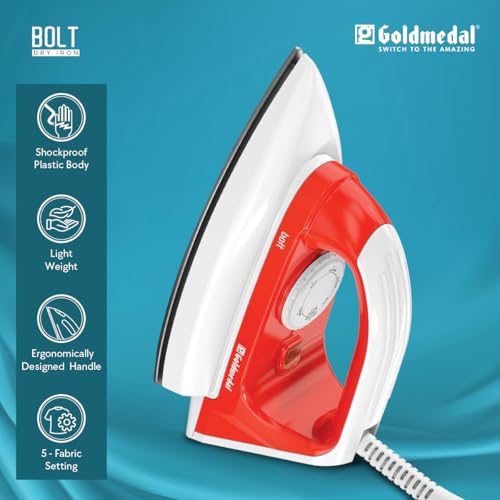 Image of Goldmedal Bolt 1000W Dry Iron | Non-stick Weilburger Premium Double Coated Soleplate | 5 Fabric Setting |1.8 Meter Cord | Thermal Fuse For Additional Safety| 2.5 Years Warranty | Light Weight (Red)
