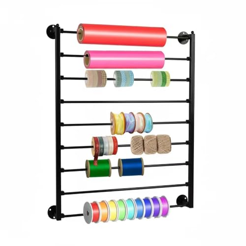 Image of 9 Tier Ribbon Storage Organizer, Wall Mounted Ribbon Holder, Wrapping Paper Rack for Craft Room, Cake Shop, Flower Store, Scarf Belt Organizer - Black, Metal, 27.55 x 35.43 x 3.93 Inches
