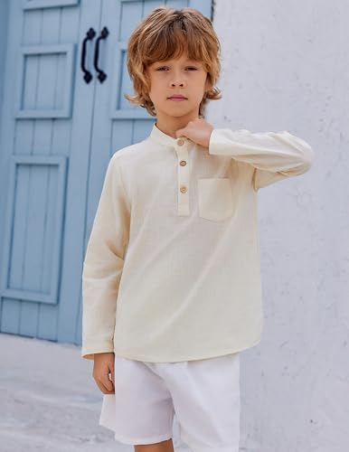 Image of Arshiner Boys Cotton Linen Henley Shirt Button Down Shirt Long Sleeve T Shirt Beach Shirt Tee Casual Solid Tops
