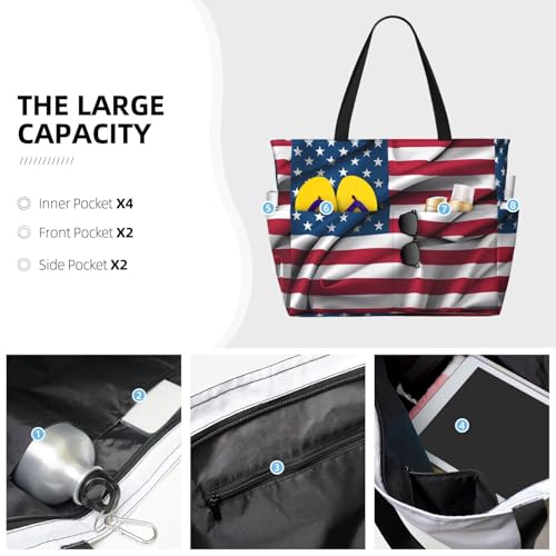 American Flag Large capacity beach bag with zipper, perfect for grocery bag pool gym travel shopping foldable beach travel bag,3