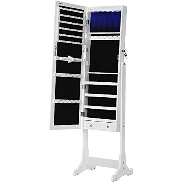 SONGMICS JBC94W oświetlenie LED szafka na biżuterię, z lustrem, 4 półki i 2 małe szuflady, zamykana