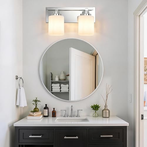 Image of Modern Bathroom Lighting Fixtures Over Mirror, Vanity Lights for Bathroom, Wall Sconces with Milky White Glass Shades, E26 Ceramic Socket, 2-Light 14-inch Chrome