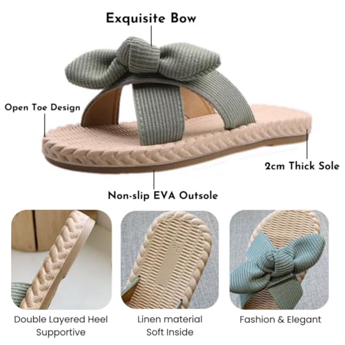 Women's Open Toe Slide Slippers with Cute Bow, Summer Crossband Linen Sandal Slippers, Slip-on House Shoes2