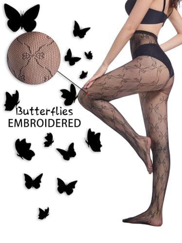 Image of 3 Pairs Fishnet Tights, Lace Stockings for Women, Patterned Tights for Women, Thigh High Suspender Stockings Butterfly Pattern