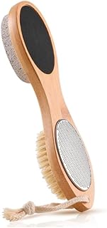 مبرد قدم لإزالة الجلد الميت، أداة تقشير متعددة الأغراض 4 في 1 قدم مع فرشاة للعناية بالقدم بتصميم رأس تدليك للقدم وحجر خفاف وورقة صنفرة وفرشاة ومقبض من خشب البامبو من خزانا