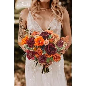 Serwalin Fall Flowers Artificial Orange Burgundy Silk Flowers Fake Wedding Flowers Combo for Home Party Decoration Silk Cake Flowers for Bridal Bouquets Floral Arrangements