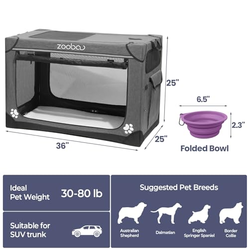 Zooba Caixa de cachorro dobrável macia de 91,44 cm com bolsa de transporte, caixa portátil para cães