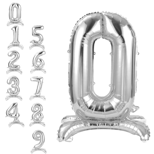 APXEL Ballon d'Anniversaire 0 Argent, Foil Ballon Numéro Chiffre 101cm, Ballons Debout Gonflable Hélium, Deco Anniversaire Grand Ballons avec Base pour Fête...