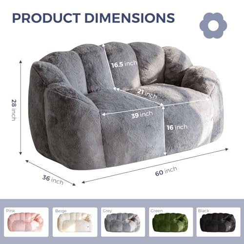 Image of MAXYOYO Bean Bag Chair for Adults, Loveseat Floral Shaped Bean Bag Sofa, Ultra Soft Love Seat Mini Sofa Couch, Faux Fur Reading Chair for Living Room Bedroom, Dark Grey