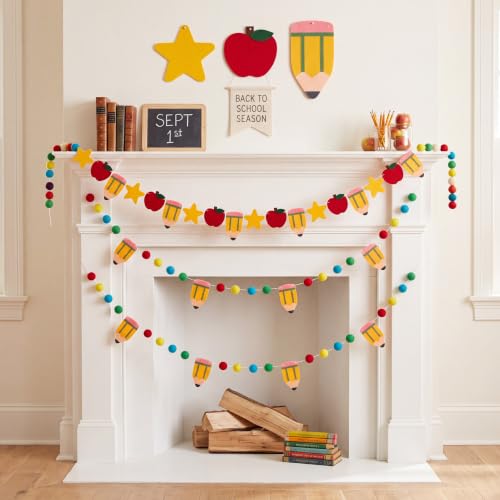 Image of Tatuo 3 Pcs 17.72 ft Back to School Felt Pom Banner Pencil Apple Hanging Banner Welcome Classroom Garland for First Day of School Decoration
