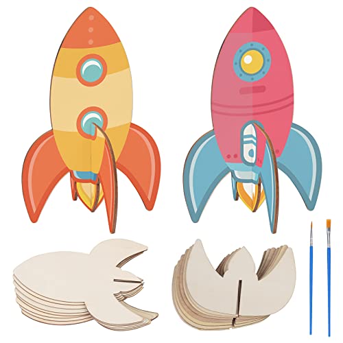 SUNYOK 10pcs Fusée en Bois pour Enfant Forme en Bois Loisir Créatif pour Garçon Fille Tranche de Bois à Peindre pour Fête Activité Manuelle avec 2 Pinceaux à Peinture Cover