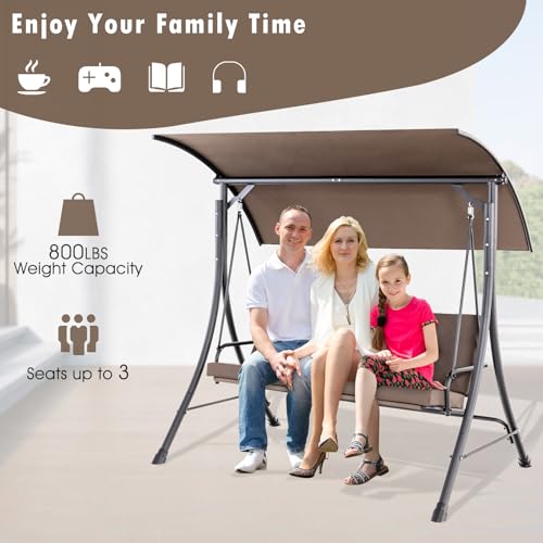 Image of Tangkula 3 Person Porch Swing, Outdoor Swing with Removable Cushions, Solid Steel Structure, Patio Swing with Adjustable Canopy for Garden, Backyard, Balcony, Poolside