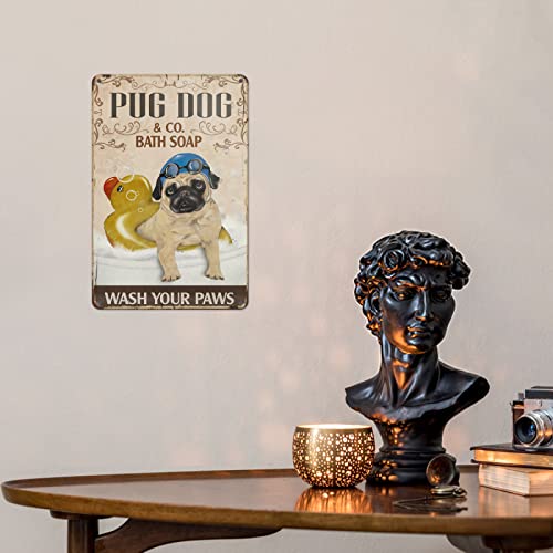 Qhovpa Bathroom Metal Sign - Wash Your Paws Pug Poster Metal Signs Wall Art Decor For Home Office And Farmhouse Cottage Decorations For Living Room Bedroom 8 X 12 Inches #TOP2