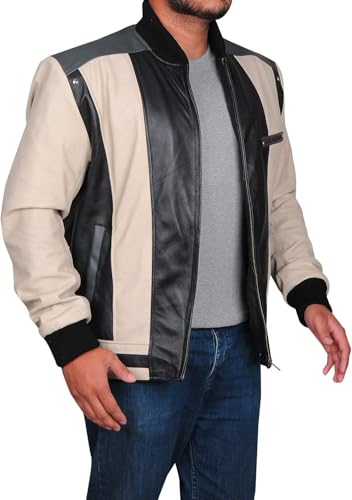 Hide & Seek Mens Varsity Classic School Bomber Black and beige Color Day Off Student Biker Retro 80’s Leather Jacket3