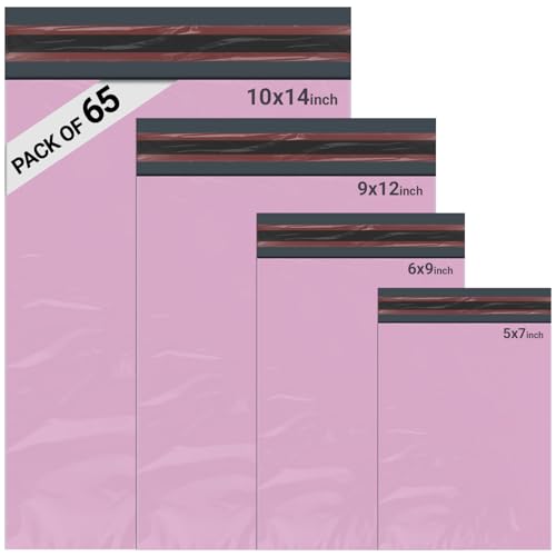 65 Mixed Parcel Bags Baby Pink Mailer Bags Tamper-Proof Strong Postal Packaging Bags for Shipping Mailing & Delivery 4 Sizes Small to Large Bags