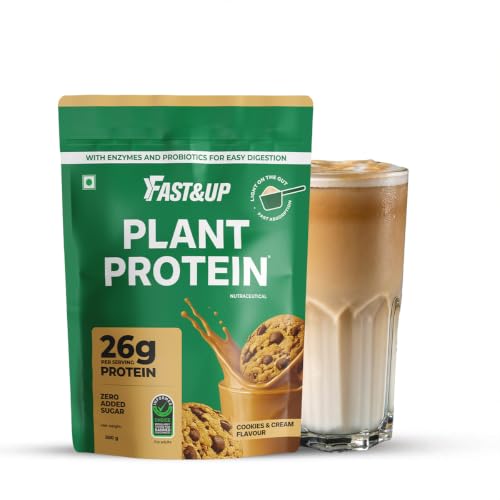 Image of Fast&Up Plant Protein Cookies & Cream - 500g | 26gm Protein Per Serve, Complete Amino Acids with 4.6g BCAA, Smooth & Tasty with No Added Sugar, Easy to Digest