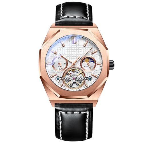 Imagen de RORIOS Relojes Hombre Reloj Luminoso Automático Mecánico Relojes de Pulsera con Correa de Cuero Esqueleto Militar Reloj para Hombre