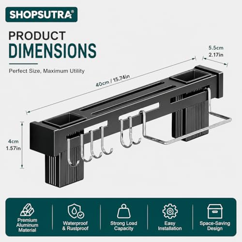 Image of Wall Mounted Knife Holder Rack with Hooks and Utensil Cups, Stainless Steel, Black, 40 cm