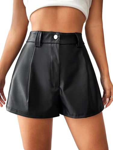 GORGLITTER Damen PU-Leder Shorts Hohe Taille Kurze Hose mit Knöpfen Reißverschlusss Kunstleder Breite Minihose Party Outfit Hotpants Schwarz M
