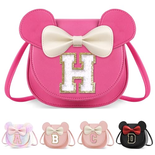 XSUIOY Toddler Purse Girl Wallet for Kids 2-9 Year Old Birthday Gifts,Cute Mouse Ear Bow Crossbody Shoulder Purses,Personalized Initial Purse Toddler Wallet Gifts for Little Girl(rosered_H)