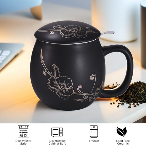 Image of Yundu 12 OZ Ceramic Mug with Lid & Tea Strainer - Matte Black Tea Cup with Golden Flower, Stainless Steel Infuser for Loose Leaf Tea